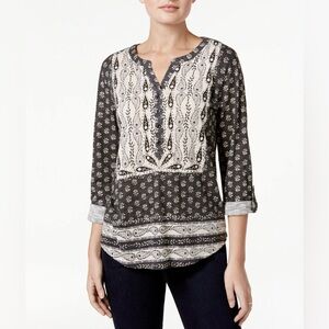 Style & Co Peasant Top Women Plus 3X Black Ivory Modal Cotton Roll Tab Sleeves